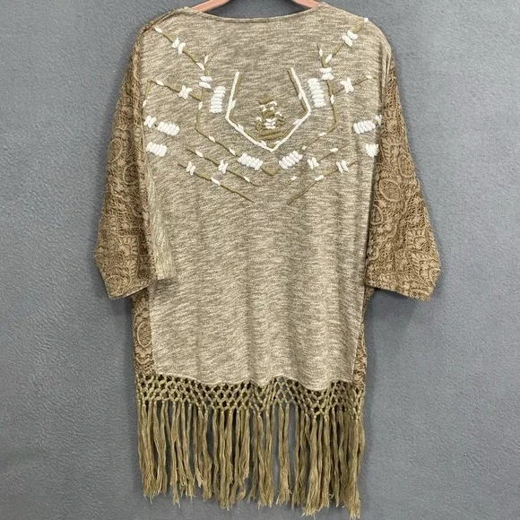 BKE Gimmicks‎ Cardigan Sz Med Kimono Embroidered Open Fringe S/S Open Neutral - Picture 2 of 9